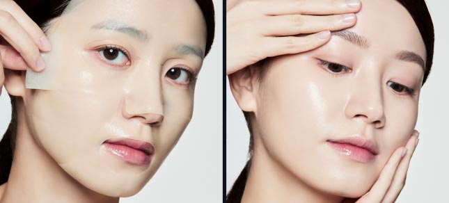 레티놀 세럼 인 겔 마스크 사용 후 손으로 흡수하는 모델 