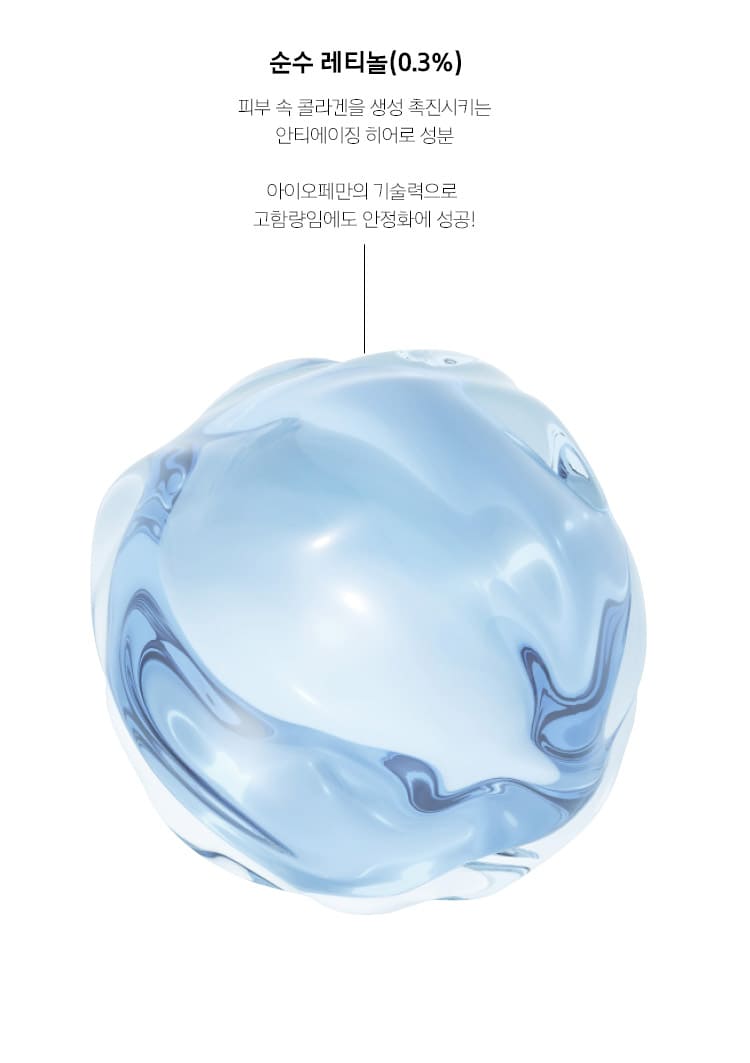 Pure retinol (0.3%), an anti-aging hero ingredient that promotes collagen production in the skin, succeeds in stabilizing it despite its high content thanks to IOPE's unique technology!