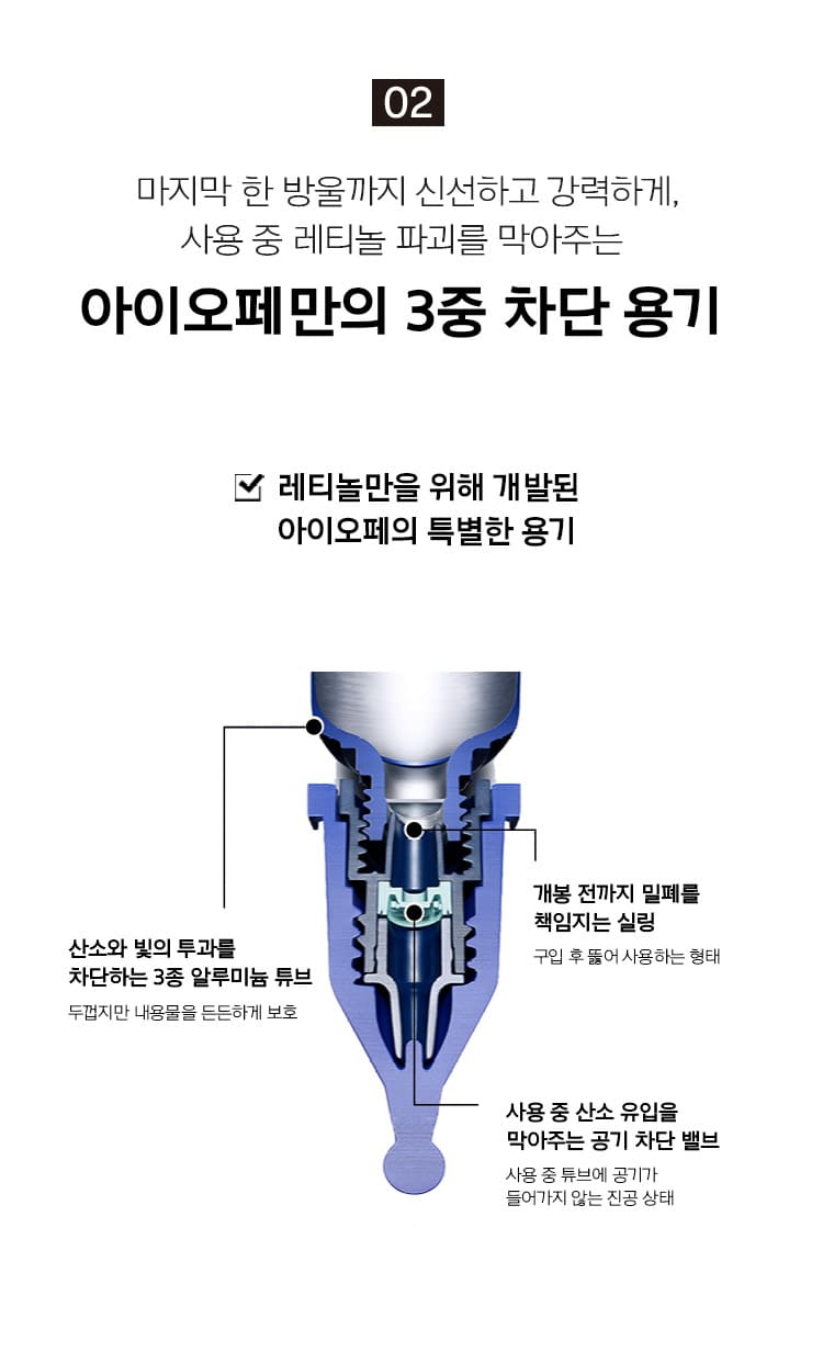 02 IOPE's unique triple barrier container that keeps retinol fresh and powerful until the last drop, preventing destruction of retinol during use